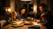 © Davit - Happy family bonding together while children complete homework at wooden table during cozy night at home with pet dog