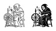 © asad - Witch Spinning Yarn: An illustration of a witch in a hooded robe diligently spinning yarn on a spinning wheel, with flames on top of her head, depicting a classic folklore scene.