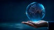 © Home Stock - Businessman holding glowing blue digital globe with upward financial graph line representing worldwide economic progress and global trading success