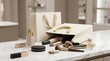 © PixelHub Studio - Collection of luxury makeup products and perfume bottles on a table with a shopping bag. high-end makeup sale