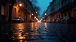 © Leonardo - Calle empedrada empapada por la lluvia que refleja las cálidas luces de la ciudad durante la noche