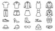 © Md Imran - Men and women seasonal fashion apparel and footwear line icon set featuring casual clothing shirts pants dresses shoes and style accessories