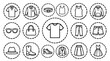 © Md Imran - Men and women casual fashion apparel and accessories line icon set in dashed circles with clothing dress shirt pants and shoe symbols