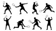 © Abul - Collection of squash players in action, dynamic silhouettes of athletes serving and playing on a white background, athletic poses for sports and