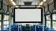 © Vadym - Digital screen inside bus hangs above empty blue seats. Blank display space for ads or info. Commuters can view messages during travel. Transit interior offers travel choice.