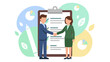 © Bsyrddn - Professional man and woman shaking hands for successful survey feedback and checklist evaluation questionnaire assessment review clipboard concept