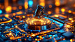 © Mini Minami - Futuristic quantum justice system floating chrome gavel legal technology cyber law digital court glowing circuitry nano particles blue orange