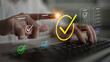 © InfiniteFlow - A close-up view of hands holding a pen ready to approve documents, illustrated with colorful checkmark icons, representing meticulousness in project management and team collaboration. Cyphers