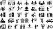 © EPS MAKER - Set of black business and office worker icons showing people in various professional situations like meetings presentations planning teamwork and technology tasks in vector style