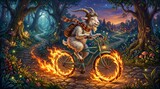 Anthropomorphic goat riding a bicycle with flaming wheels through an enchanted forest. Magical twilight journey concept. Year of the fire goat