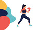 © Malcom - Determined young athletic woman training boxing or kickboxing with red gloves in a modern sporty flat illustration.