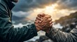 © xuxu - Hands reaching out for help in stormy seas with dramatic sky. Rescue and assistance during a crisis or challenging situation. Weathering a difficult time