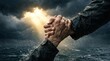 © xuxu - Hands reaching out for help in stormy seas with dramatic sky. Rescue and assistance during a crisis or challenging situation. Weathering a difficult time