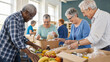 © Lilu - Senior people volunteering at community food bank. Elderly man and woman packing grocery donation box. Charity activity and social support for International Day of Older Persons. Help.