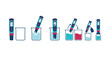© Sut - Digital pH meter measuring liquid in laboratory beakers, steps for chemical testing, scientific equipment, simple flat icon set