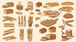© KazeDor - Ensemble d'illustrations vectorielles de produits de boulangerie artisanale, comprenant divers pains, baguettes, croissants, épis de blé et sacs de farine sur un fond clair.