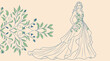 © ADwi - Eine elegante Illustration einer Frau in einem fließenden, mit floralen Ranken verzierten Ballkleid, gezeichnet im feinen Linienstil auf einem sanften beigen Hintergrund.