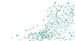 © Nesa - Fondo abstracto con red de nodos conectados y líneas geométricas en tonos azul y dorado, ideal para representaciones de tecnología, datos, ciencia y conectividad digital moderna.