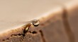 © xiden - Extreme macro close up photograph of a single clear water droplet hanging from the edge of a dry textured desert surface showing delicate environmental balance