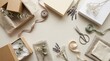 © Canvas Studio - Gift wrapping setup with cardboard boxes ribbons scissors and dried lavender flowers for decoration. customizable gift boxes