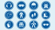 © Book - Twelve circular safety icons displaying essential personal protective equipment for workplace hazard prevention and occupational protection practices