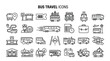 © Tymofii - Bus travel collection set includes transportation icons, motorcoach graphics, linear style, tourism navigation, transit logistics. A black outline vector set for public transport planning.