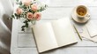 © Celestine Hart - Elegant writing setup with floral bouquet tea and open notebook
