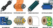 © Rimu - Flexographic Printing Press Parts and Label Production Equipment Vector Icon Set for Commercial Packaging, Flexo Machinery, and Manufacturing