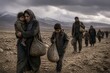 © mila103 - Dusty path leads through barren hills under gray skies. Mother holds child close, eyes filled with weariness. Boy walks beside her, shoulders heavy with bags. Men follow behind, laden with supplies