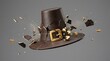 © YourAIStocker  - Shattering pilgrim hat figurine on grey background for dramatic thanksgiving design and visual art
