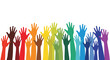 © Amelia - Diverse group of hands in a rainbow of colors raised high as a symbol of diversity, inclusion, and community support.