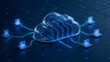 © Endpoint - Transparent glass cloud computing concept containing black server racks surrounded by connected laptop user terminals