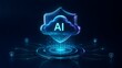 © Soil Plant - Futuristic AI cloud computing hologram enclosed in a glowing security shield floating over a digital network base symbolizing cyber security