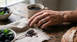 © 상우 주 - Cozy morning with rustic breakfast, coffee steam, and textured linen fabric