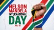 © Mitali Creative  - Raised fist wearing a south african flag wristband against a diagonal striped background with nelson mandela international day text in red black and green colors