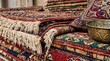 © photoplotnikov - Stack of patterned oriental rugs and decorative cushions with fringed edges on market display, rich colors and detailed woven motifs showcasing traditional handcrafted textile craftsmanship