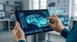© Melisa Sunorita - Futuristic automotive design and digital twin technology with hands holding tablet showing 3d holographic car model