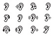 © RS RASEL - Set of human ear icons for audio and communication featuring various sound symbols including musical notes microphones and hearing aids on white background