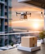 © Marta P. (Milacroft) - Drone delivering package to urban building balcony, showcasing future of automated logistics and e commerce shipping