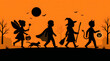 © sejon - Halloween silhouette of children trick or treating, spooky orange sunset background with kids in costumes, festive autumn holiday celebration scene