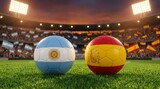 Two soccer balls representing argentina and spain nations placed on stadium grass field with bright stadium lights and cheering crowd in background.