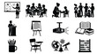 © Fahad - Education and school icon set, black silhouette classroom learning symbols, teacher and student vector illustrations for academic infographics