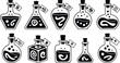 © MdAnarulIslam - Magic potion flasks collection featuring black mystical witch elixir bottles with cork stoppers and labels icon set