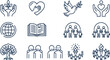 © Saif - Minimalist vector graphic set featuring diverse line art icons representing humanitarian concepts like charity community peace global education family unity and environmental growth rendered in clean