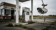 © shevtsovy - Gas station pump stands abandoned and derelict with a dangling security camera overlooking the desolate concrete forecourt.
