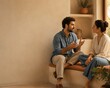 © Alexey - Man and woman talking while sitting together in cozy room. Couple having conversation and sharing thoughts. Human connection, empathy and emotional bond in home environment concept.
