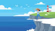© William - Cheerful woman in a striped shirt and sun hat stands on a high cliff overlooking the deep blue sea with a lighthouse and seagulls in the background.