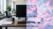© xartproduction - Office Reality Meets Dream: Computer Workspace and Fantasy Cloudscape