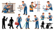 © mehdik - Professional vector collection featuring different plumber worker poses, repairing sink, installing faucet, fixing water pipes, using pipe wrench, unclogging drain, carrying plumbing toolbox
