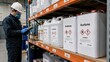 © Artyom - Warehouse worker in hard hat and respirator inspects labeled acetone solvent containers on industrial shelving, showing hazard symbols and chemical storage safety